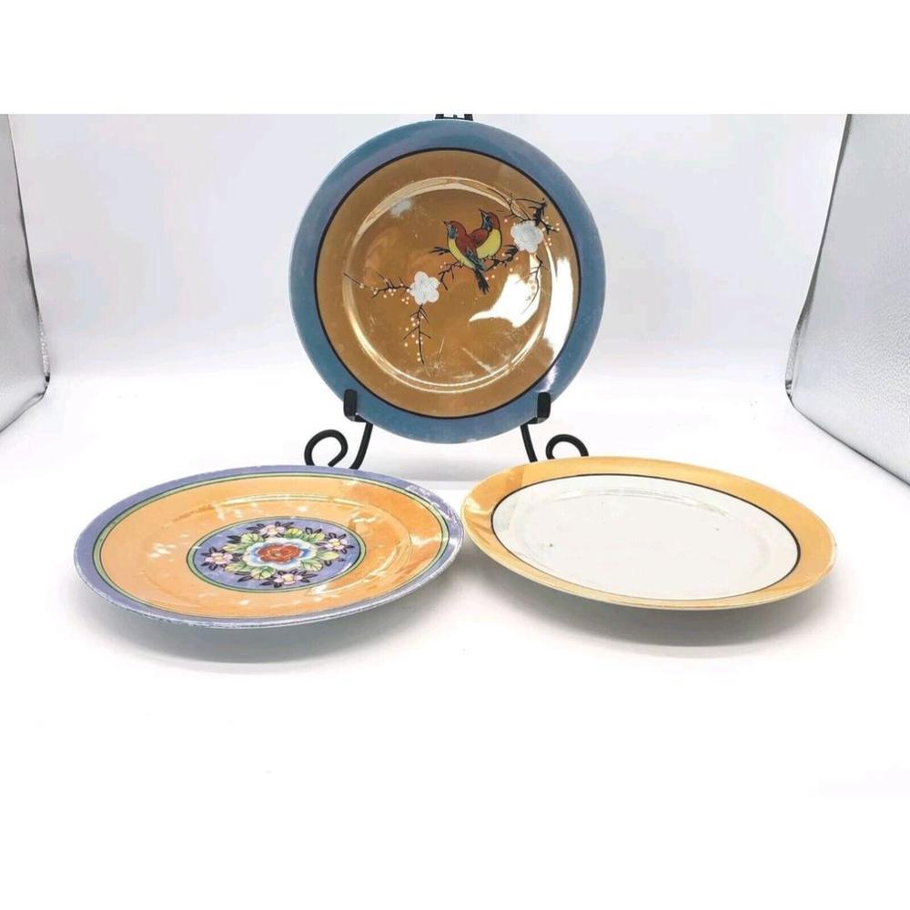 3 Vintage Japan Lusterware Saucers birds flowers and one plain